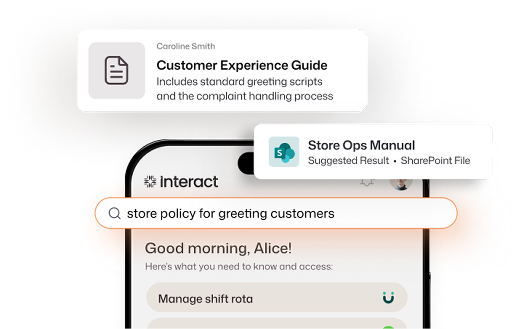 Interact frontline mobile app searching store policy, with suggested guides and a store operations manual