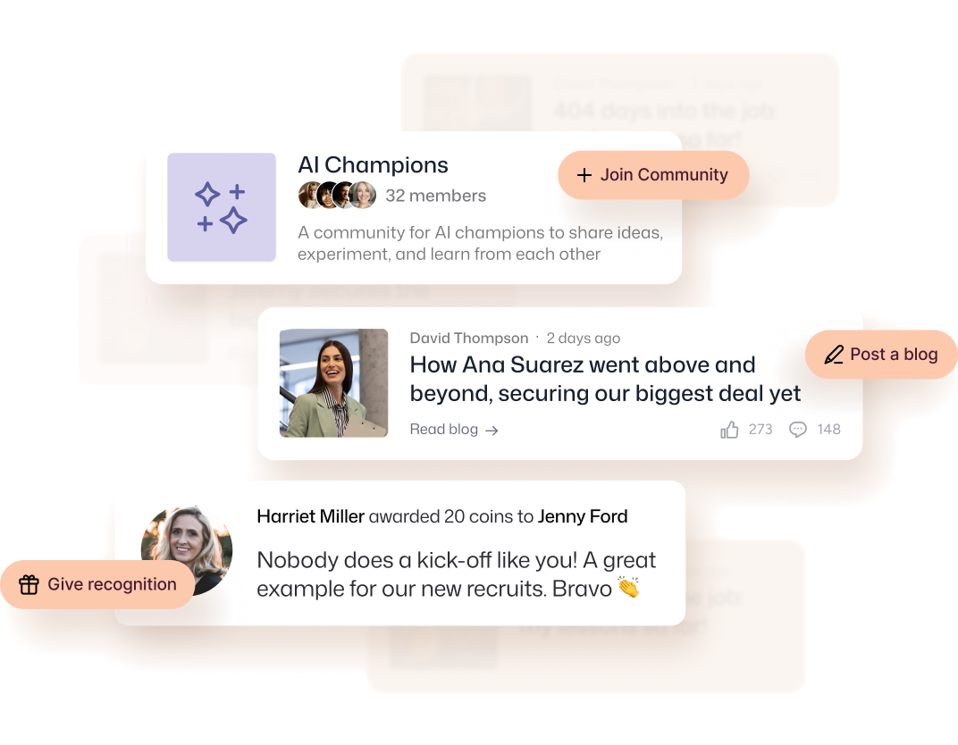 Intranet community, blog post and recognition cards